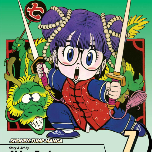 Arale holding two swords with a small dragon behind him